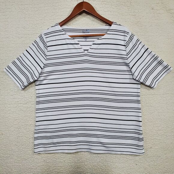 Croft & Barrow Split Neck Tee Shirt Top Sz Large / L - Breezy Black Stripe - Picture 1 of 8